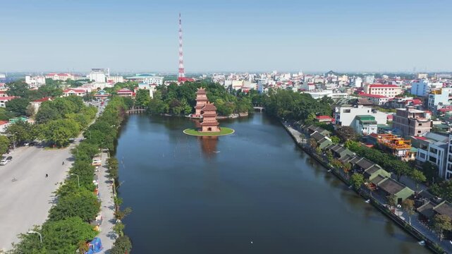 Aerial view of tHoa Lu Old town, Ninh Binh, Vietnam, a popular tourist destination, on a sunny day . The temple is a place of worship and a symbol of Vietnamese culture.