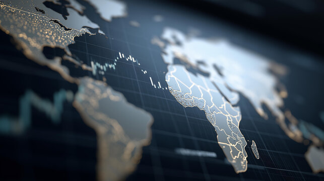 Global financial intelligence dashboard concept merging world map with real-time analytics, stock market data, currency fluctuations and economic decision-making tools cinematic color correction,