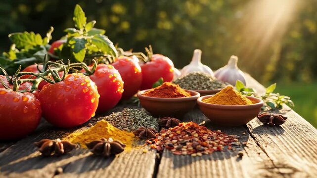 Fresh Tomatoes and Spices on a Rustic Wooden Table.