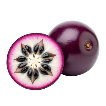 Star Apple Delights: Two star apples, one whole and another cut open, showcase their vibrant colors and unique star-shaped design