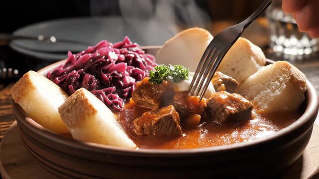Steaming stew with bread and cabbage