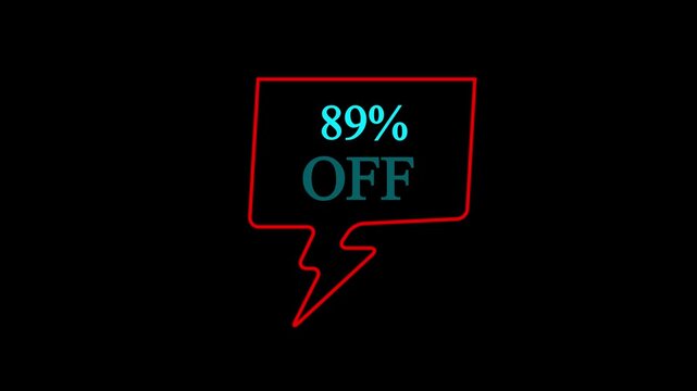 89 Percent Off Discount Sale Banner Icon with Neon Speech Bubble Frame on Black Background &ndash; Big Clearance Promotion Offer Label for Online Shopping Marketing and Advertising Design.