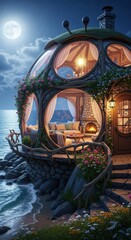 Obraz premium Enchanting spherical dwelling nestled against a rocky coastline illuminates the tranquil night scene under a full moon