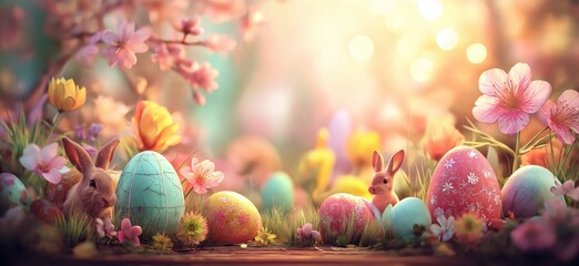 Fototapeta premium Little bunnies finding colorful Easter eggs in spring garden. Cute bunnies celebrating Easter surrounded by decorated eggs and blooming cherry blossoms