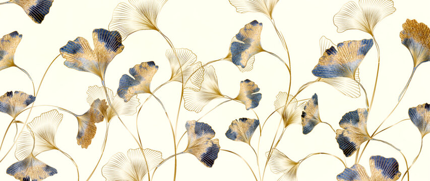 Art background with ginkgo leaves in a gold line art style with watercolor elements. Botanical banner for decor, wallpaper, prints, textiles, posters, packaging, and interior design.