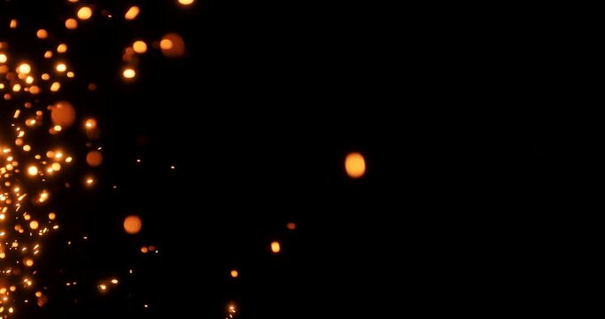 Dynamic metal sparkles gracefully dance on a striking black background. This visual is perfect for enhancing motion graphics as well as elevating various visual effects projects with flair