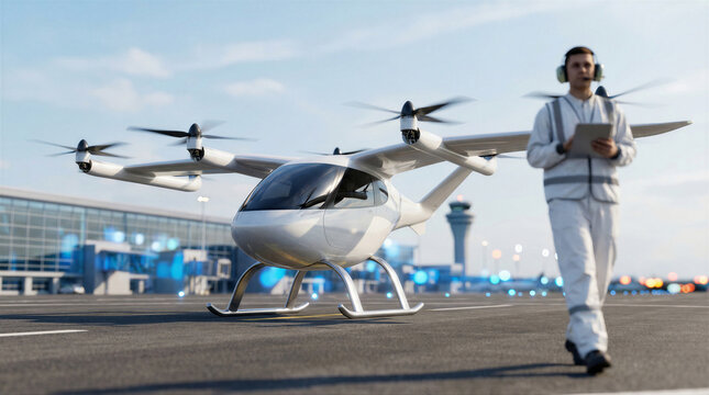 Evtol aircraft on airfield with technician preparing for flight