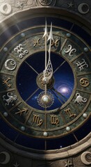 Fototapeta premium Ancient celestial clock face displays zodiac symbols against a background of deep space and distant galaxies