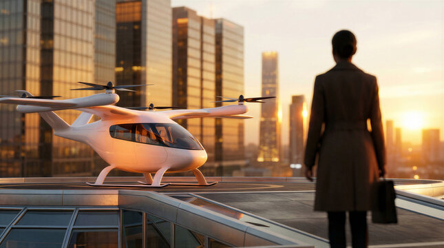 Businesswoman looking at an evtol aircraft on a rooftop helipad at sunset in a modern city