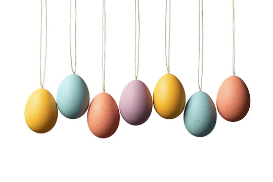 Hanging pastel easter eggs with speckled texture. Spring holiday celebration bringing festive decorations and colorful tradition