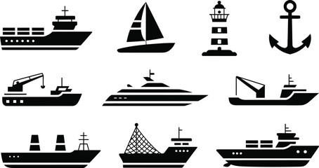 Vector nautical icons set ships boats lighthouses and anchors © Md Jafar