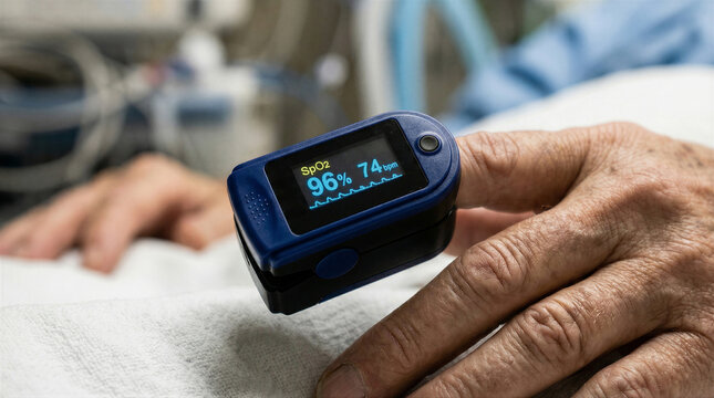 Closeup of a pulse oximeter on a patients finger in a hospital setting