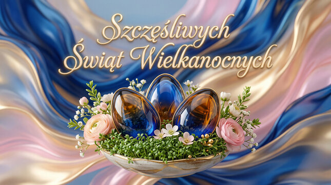 Piękne niebiesko bursztynowe pisanki na tle kwiat&oacute;w. Symbole świąt Wielkanocnych widoczne w pisankach, kwiatach. Piękne abstrakcyjne tło w odcieniach niebieskiego i złotego.