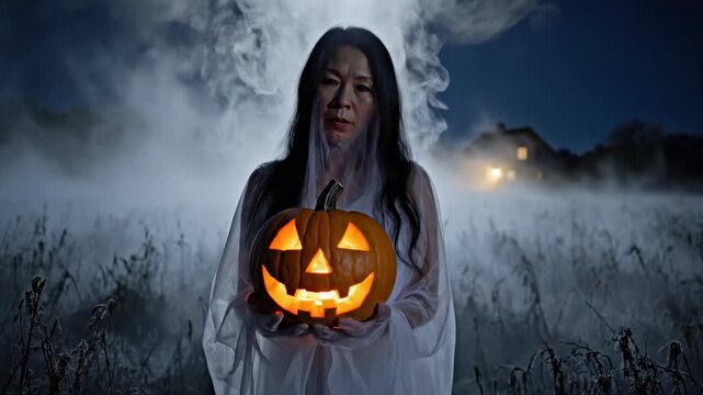 Spooky Halloween Ghost Holding a Glowing Pumpkin in the Night.