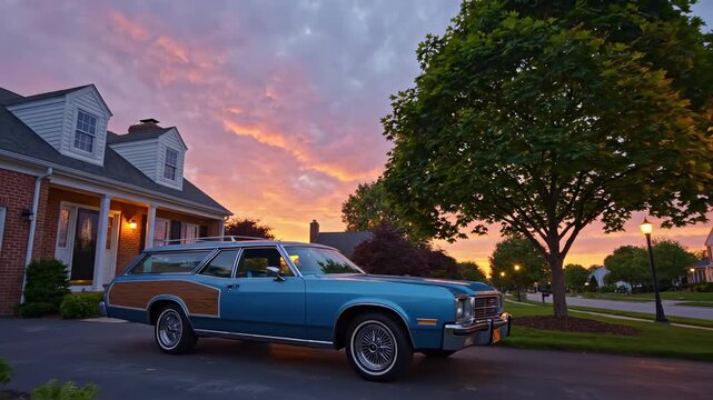 Classic Car Parked in Front of a Beautiful House.
