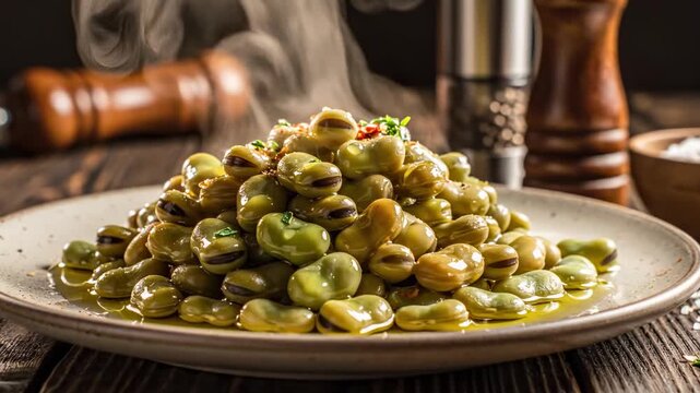 Delicious Fava Beans on a Plate with Seasoning and Steam.
