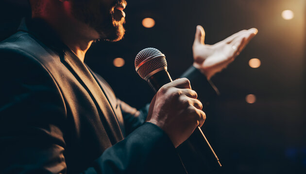 Inspiring Public Speaker Holding Microphone Under Stage Lights