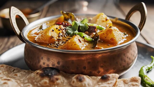 Steaming curry in copper bowl, garnished with cilantro & spices