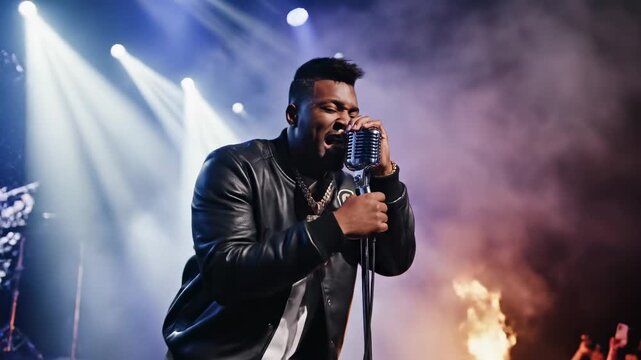 Energetic performer singing into microphone on stage with lights and smoke.