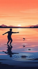 Fototapeta premium Silhouetted figure throws flat objects across calm water during sunset