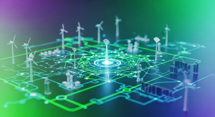 A complex digital network overlaying futuristic green energy systems, showcasing AI optimizing sustainable urban development and resource management, energy, automation, tech