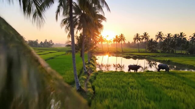 Tropical sunset with water buffalo grazing