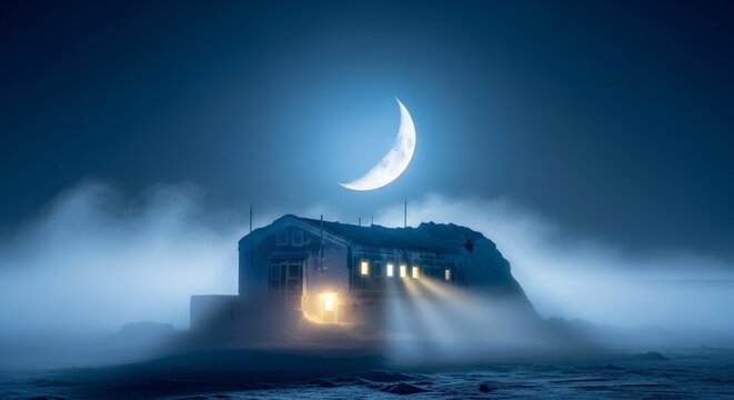 A resilient arctic research building stands firm through an extreme moonlit sub-zero night, shrouded in dramatic icy mist, harsh, winter, architecture