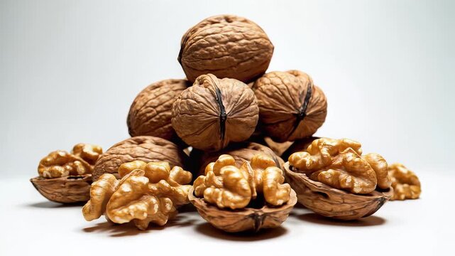 Close up of fresh walnuts with kernels and shells on white backdrop