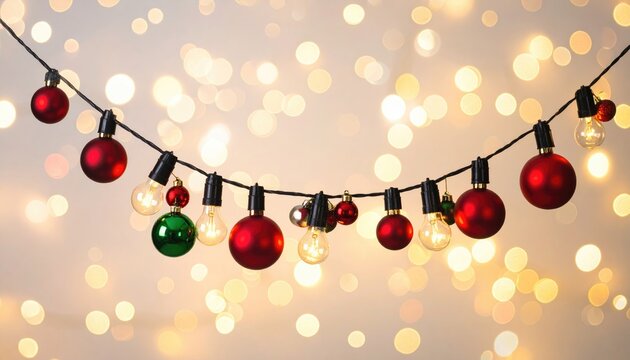 Festive string lights with red and green ornaments and glowing bokeh background