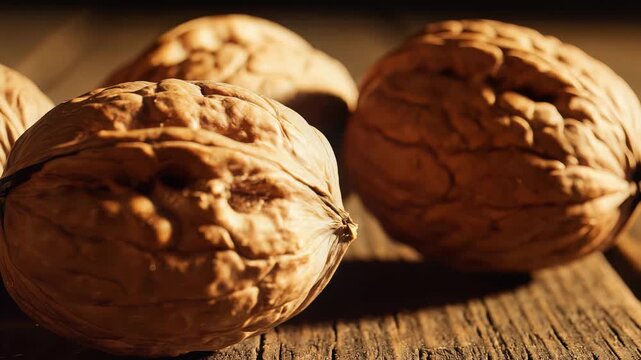 Close up of walnuts on wooden surface