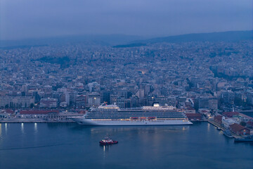 Cruise Ship Docked at the Port of Thessaloniki at Dusk