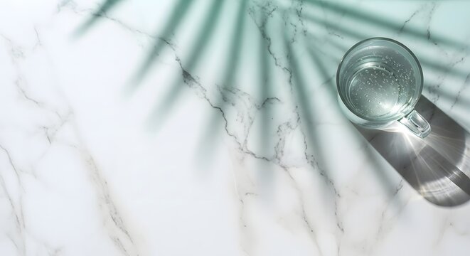 A glass of clear water on a marble surface with palm leaf shadows overhead, viewed from directly above