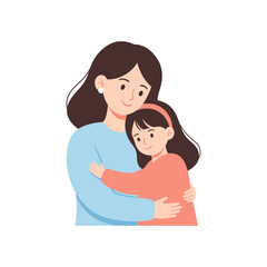 Mother and Daughter Hugging Cartoon Illustration.