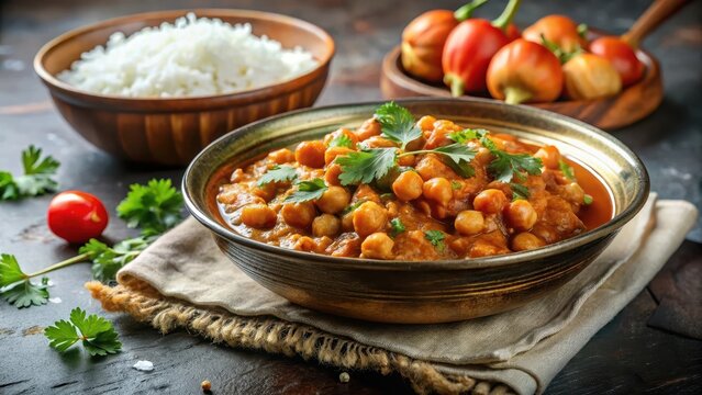 A photo of a steaming bowl of aromatic Indian chana masala, filled with soft chickpeas and vibrant spices, served on a platter with fluffy rice grains