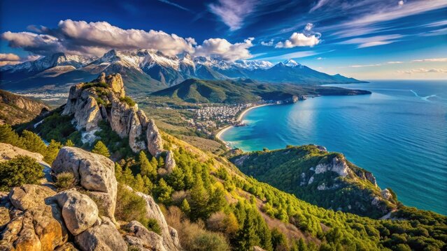 A photo of rugged mountain landscapes stretching from Mount Bolgatura to Gurzuf in Crimea, with snowcapped peaks and pristine blue waters in the dist