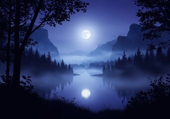 Fototapeta premium Serene moonlit forest lake under a mystical night sky