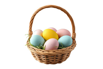 Easter basket with colorful pastel eggs, full of grass, symbolizing spring celebration and tradition, transparent background