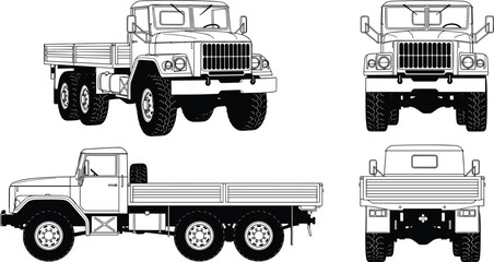 Heavy duty cargo truck vector set, front side rear view transport vehicle illustration, industrial transport lorry design template © Ashadujjaman