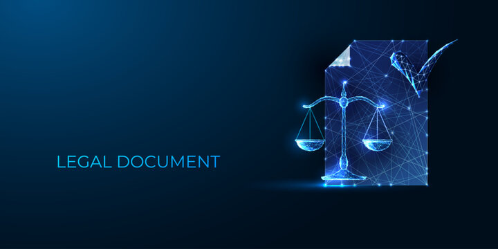 Digital legal document with glowing checkmark and justice scales, AI law and compliance validation