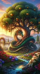Naklejka premium Mythical serpent guards a fruit laden tree at sunrise within an ornate garden setting