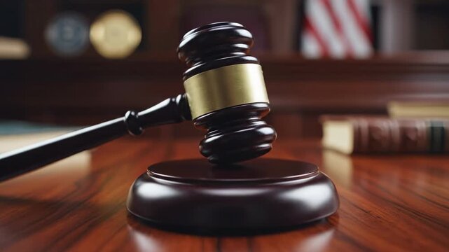 Gavel striking the block in a courtroom setting.