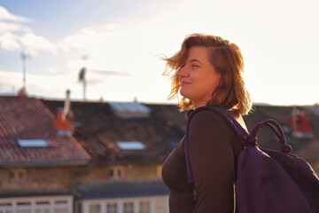 Obraz premium Solo travel, young woman with backpack travelling in Europe, Spain