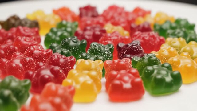 Closeup of a colorful assortment of gummy bear candies scattered on a white surface showcasing vibrant red green yellow and orange hues in a delightful arrangement.