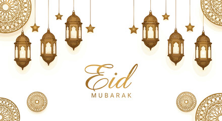 Beautiful golden Eid Mubarak greeting card vector illustration featuring hanging traditional lanterns glowing stars and elegant Islamic mandala patterns. © Ruhul