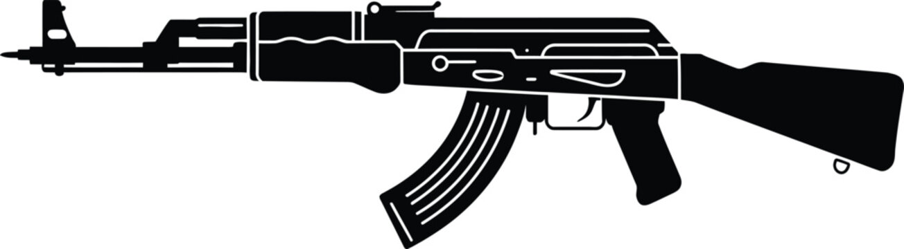Silhouette of an ak47 assault rifle, black and white vector isolated on transparent background