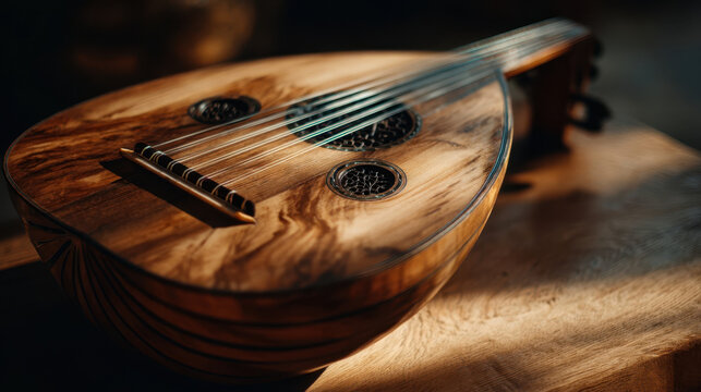 Close-up of a traditional Arabic oud on a wooden table, a classic Middle Eastern string instrument