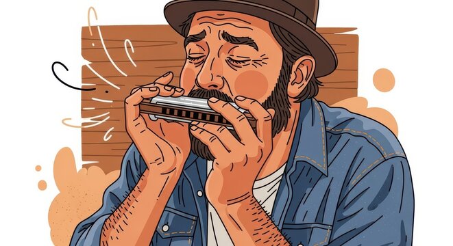 Bearded man wearing a hat passionately plays a musical wind instrument