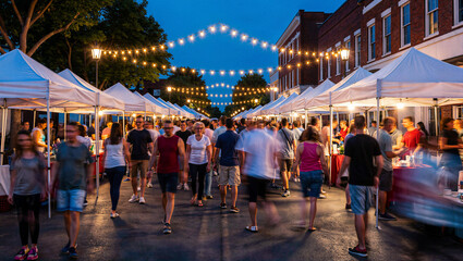 Obraz premium Crowded night market street fair with white tents and string lights