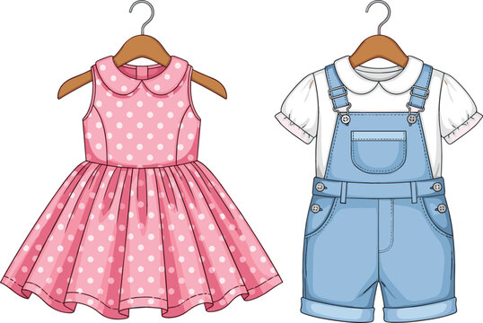 Children's fashion vector illustration featuring a pink polka dot dress and blue denim overalls with a white shirt on wooden hangers.