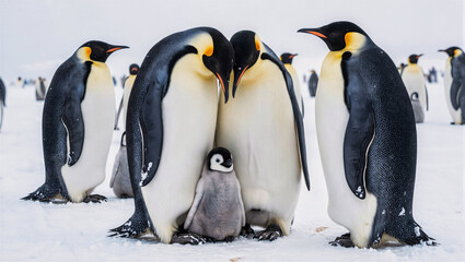 Obraz premium set of king penguins in monochrome, wildlife photography in snowy landscape with yellow patches, close-up of chick nestled between adults